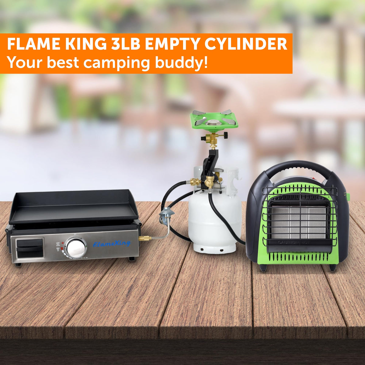 Flame King steel propane tank with rust-resistant powder coating.
