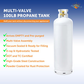 Flame King propane tank demonstrating on-site refilling capability for convenient fueling.