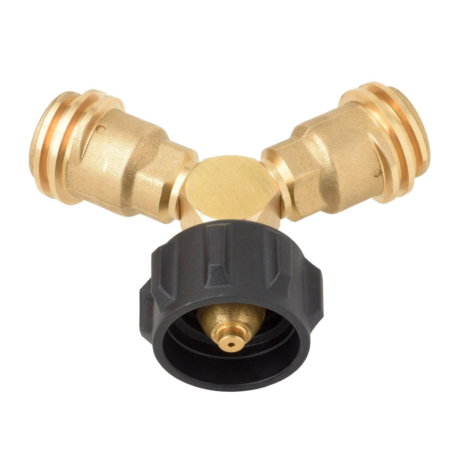 Flame King Y-splitter adapter with valves enables two appliances from one tank.