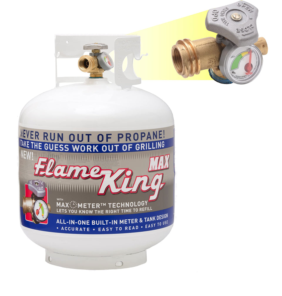 Flame King YSN230b tank front view with built-in gauge for propane level awareness.