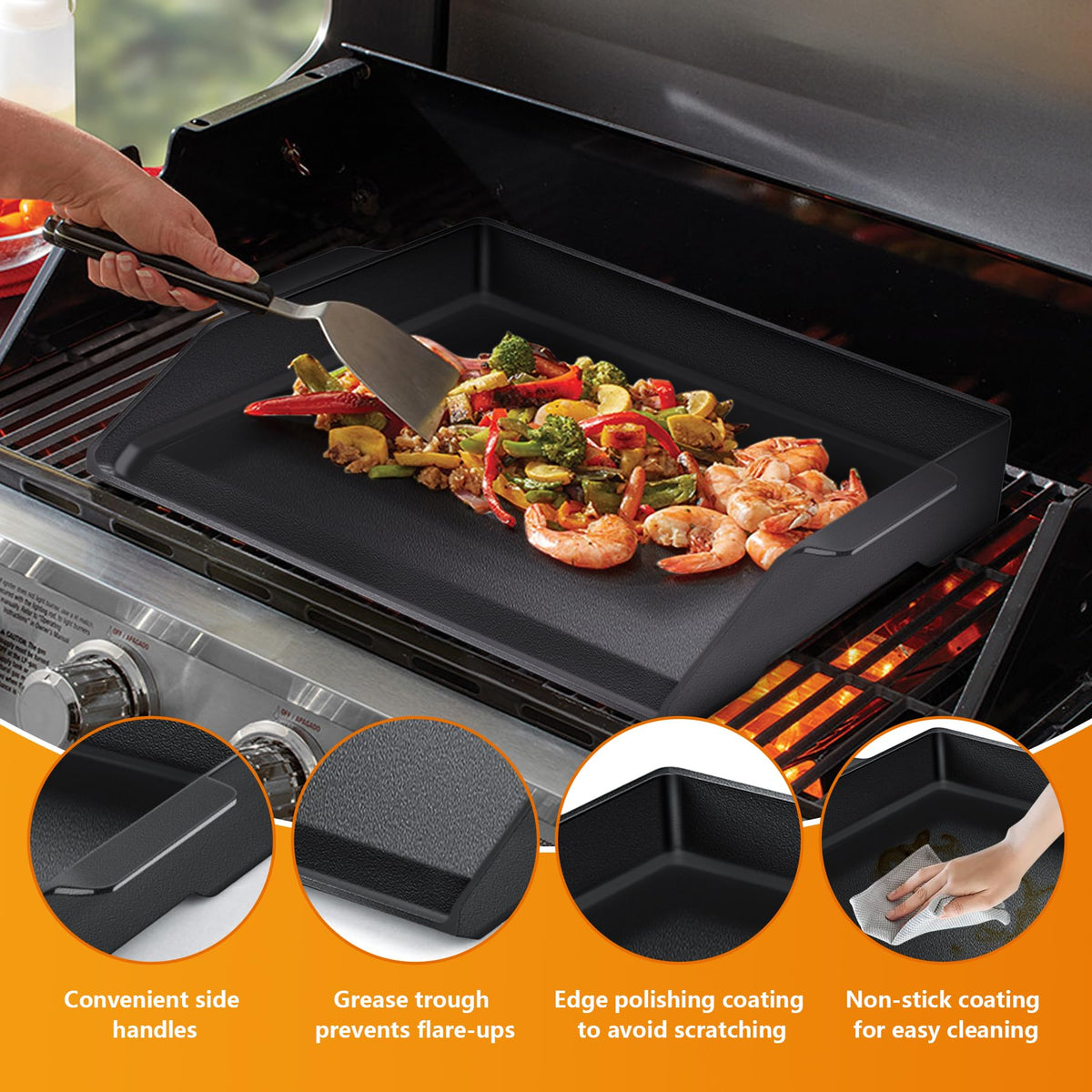 FlameDuty griddle featuring a built-in grease trough for cleaner grilling.
