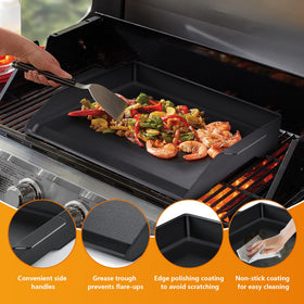 FlameDuty griddle featuring a built-in grease trough for cleaner grilling.
