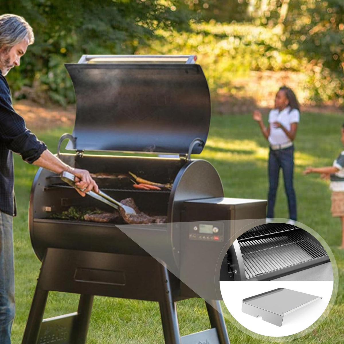 FlameDuty heavy-duty stainless steel tray simplifies grease management during cooks.