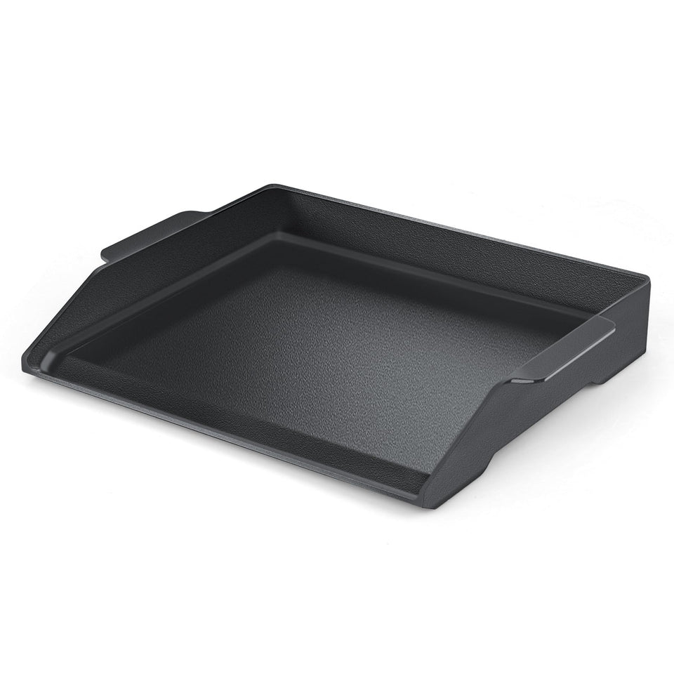 FlameDuty universal cast iron griddle on a grill with a wide cooking area for pancakes and burgers.