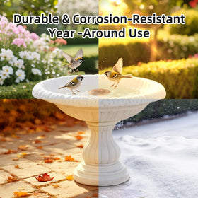 FlameFam copper disk on a birdbath withstands weather conditions