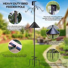 Flanagan bird feeders pole with squirrel baffle protects feeders from pests.