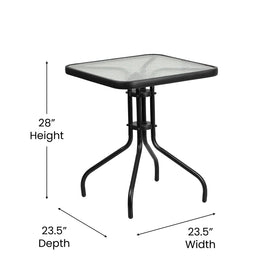 All-weather Barker square table ready for patio use.
