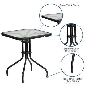 Tempered glass edge detail on Barker table for durability.
