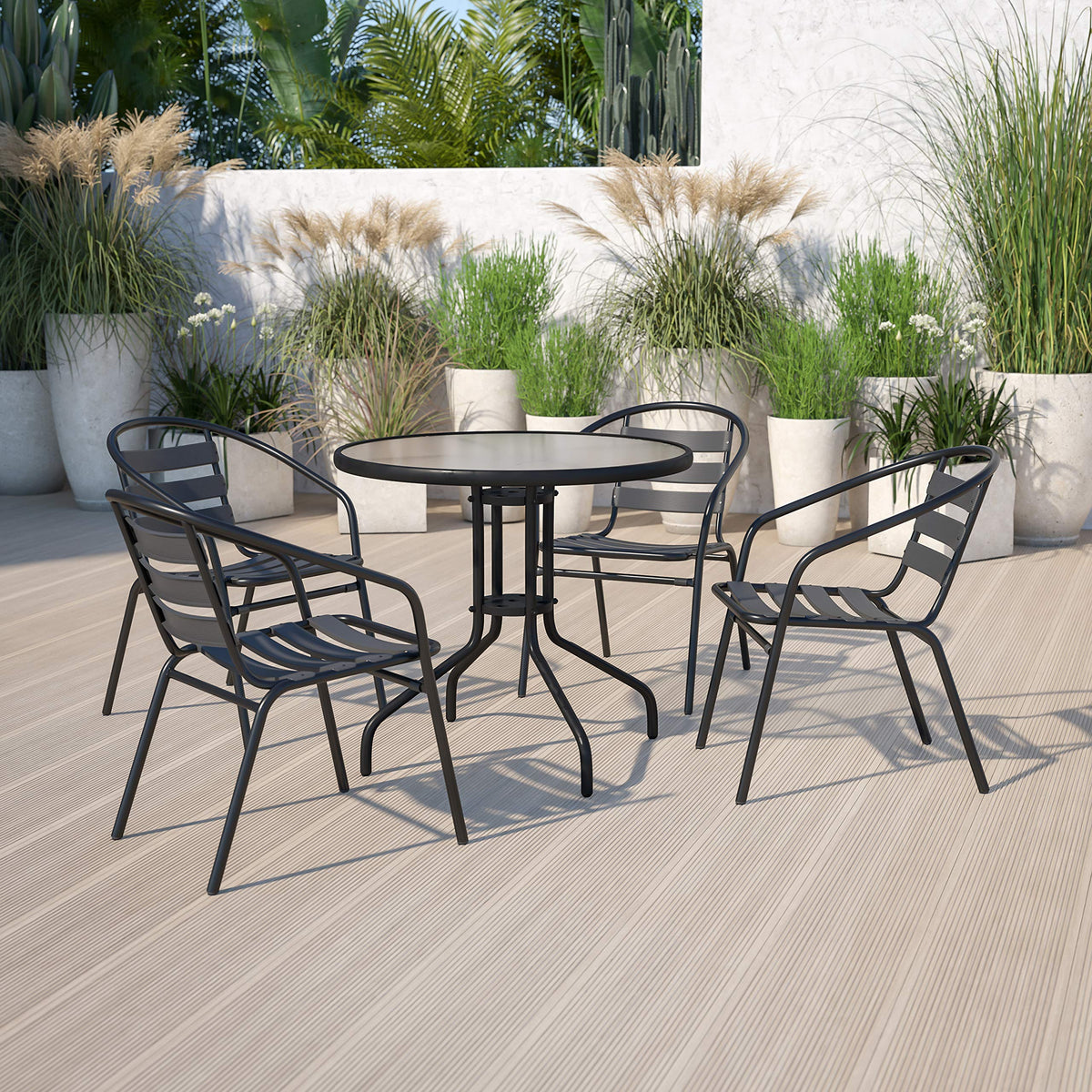 Flash Furniture stackable outdoor dining chair saves space on patios.
