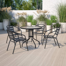 Flash Furniture stackable outdoor dining chair saves space on patios.
