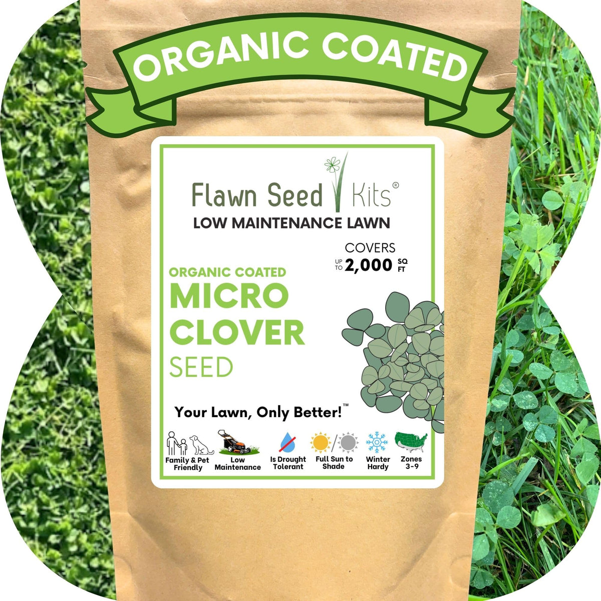 Flawn Seed Kits micro clover seed bag with organic coating for easy sowing.