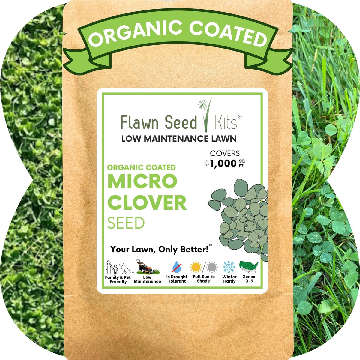 Flawn Seed Kits micro clover seed packaging—easy to store and pour for quick setup.