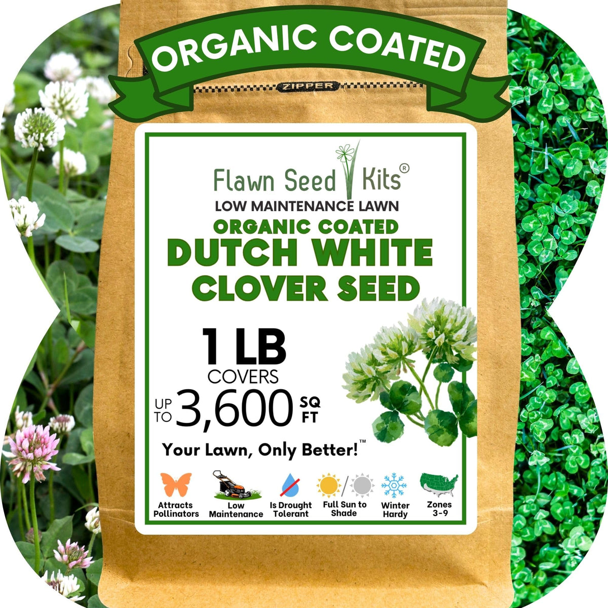 Flawn Seed Kits White Dutch Clover seed bag ready for simple flowering lawn setup.