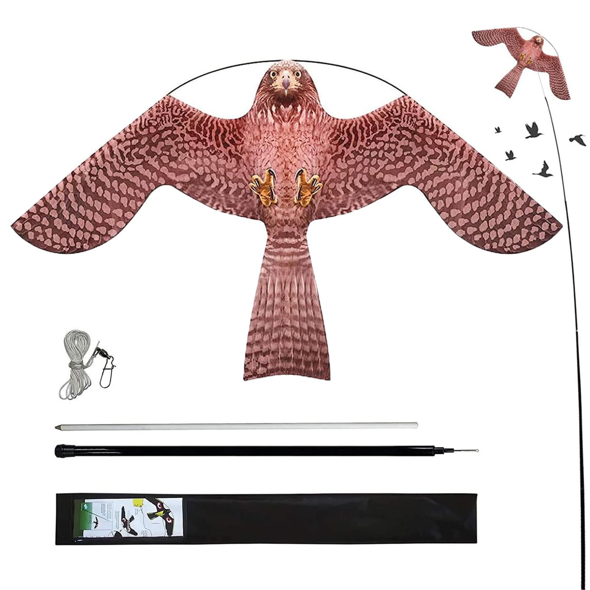 Flerigh Bird Hawk Flying Kite with 4m pole over crops deterring birds and protecting yield.
