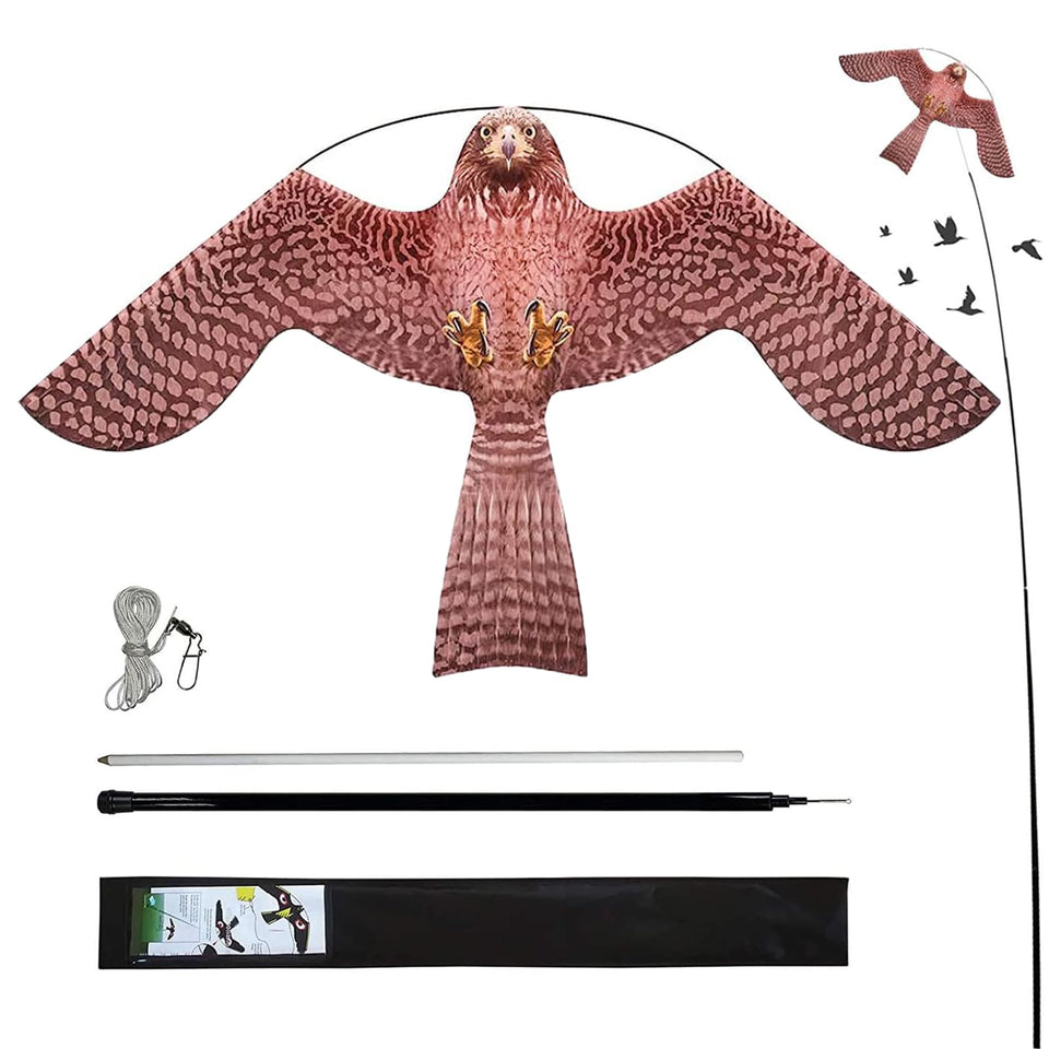 Flerigh Bird Hawk Flying Kite with 4m pole over crops deterring birds and protecting yield.