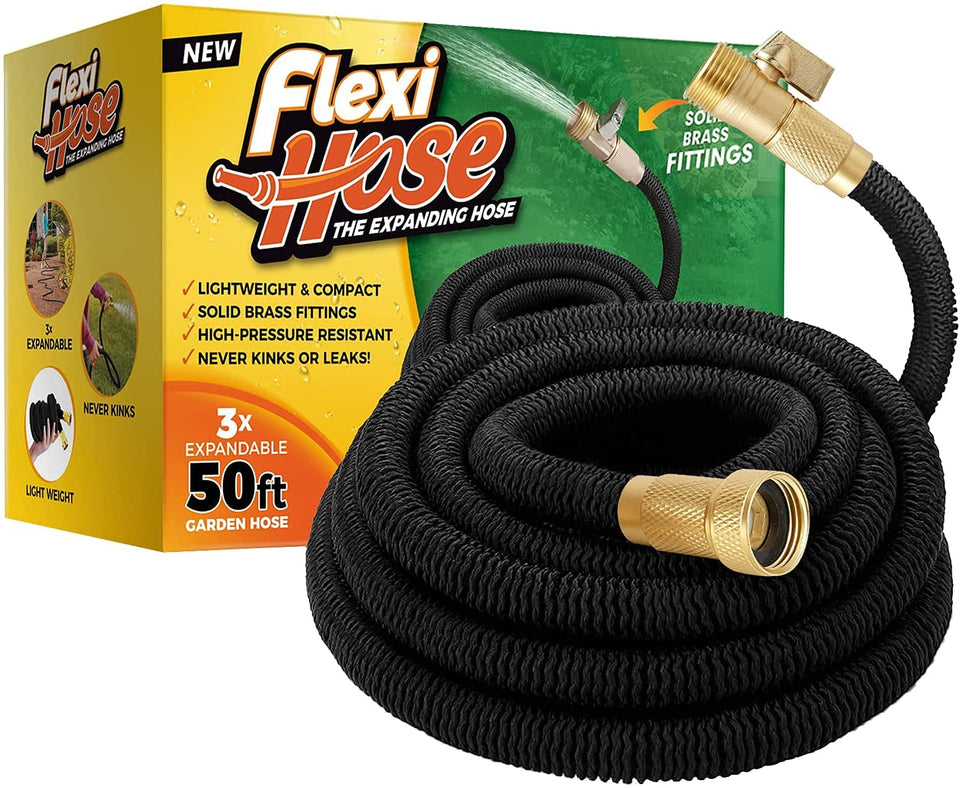 Flexi Hose 50ft expandable garden hose reaching distant plants for easy watering.