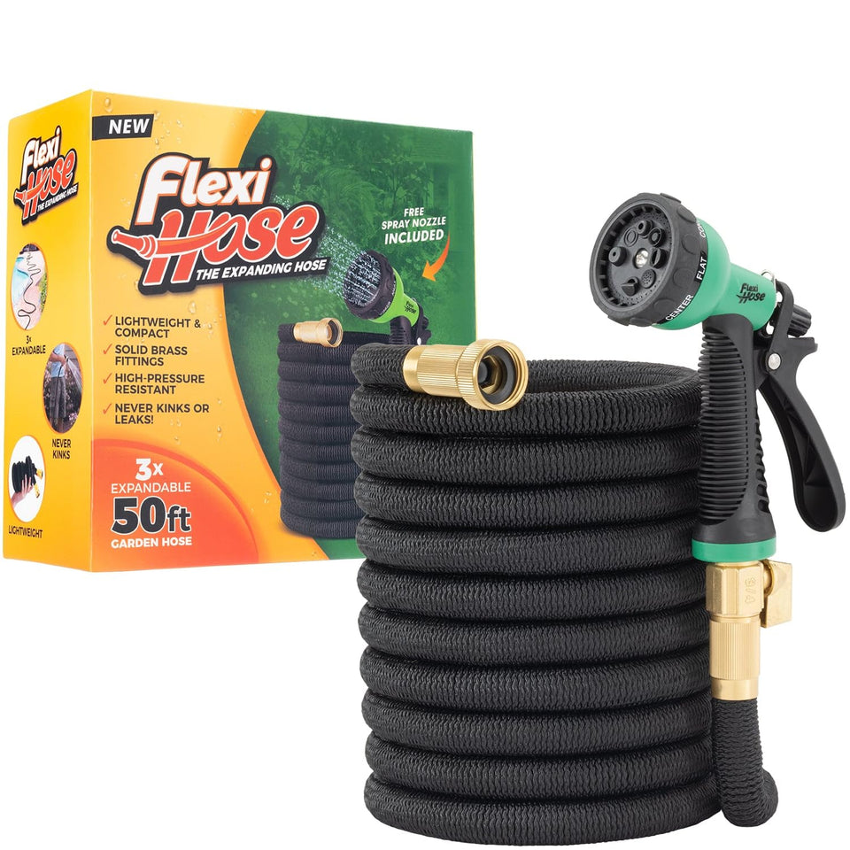 Flexi Hose 50ft extended under pressure for efficient yard watering