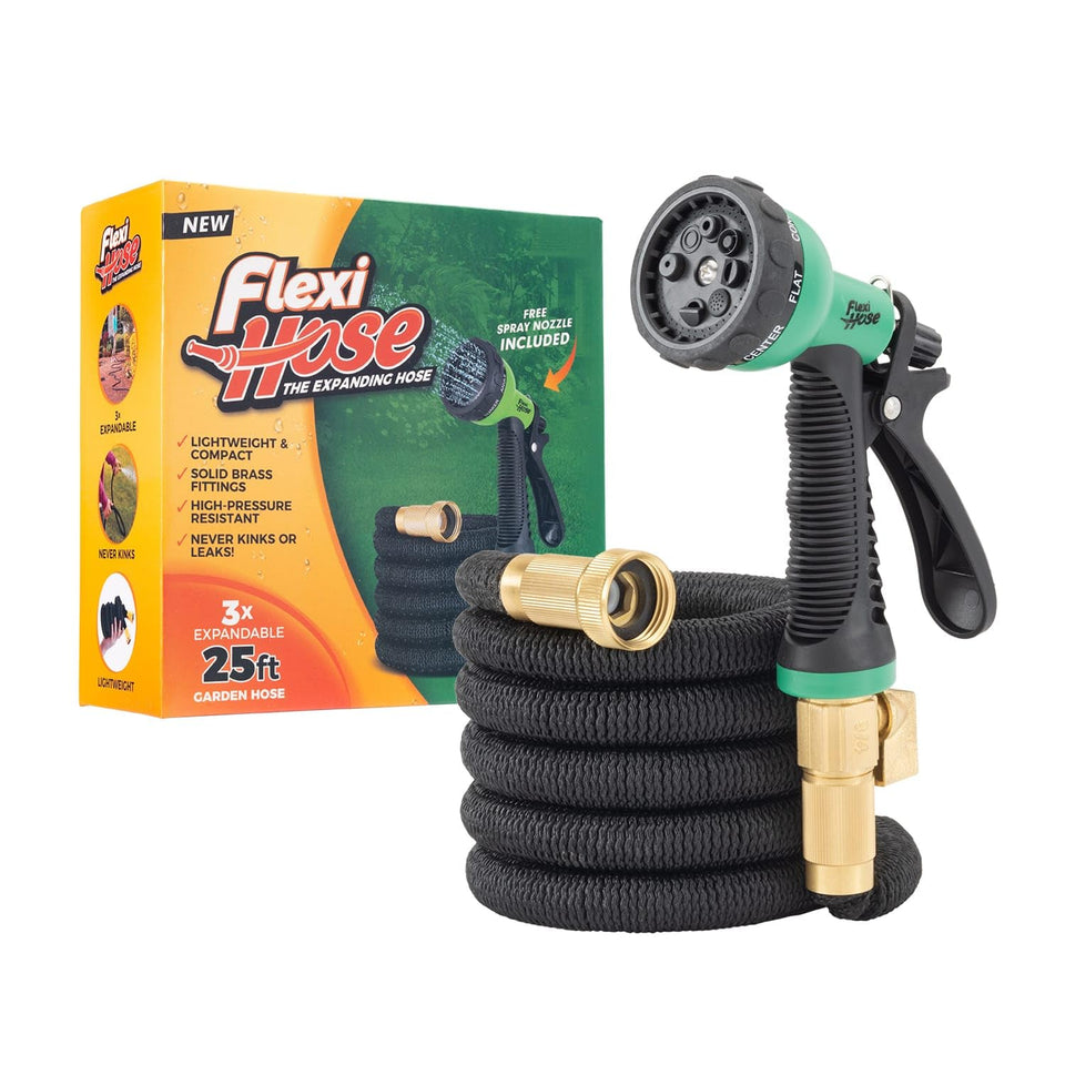 Flexi Hose Expandable 25ft with outer fabric protects against punctures in thorny gardens.