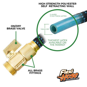 Flexi Hose latex-core four-layer construction resists punctures for long-lasting use.