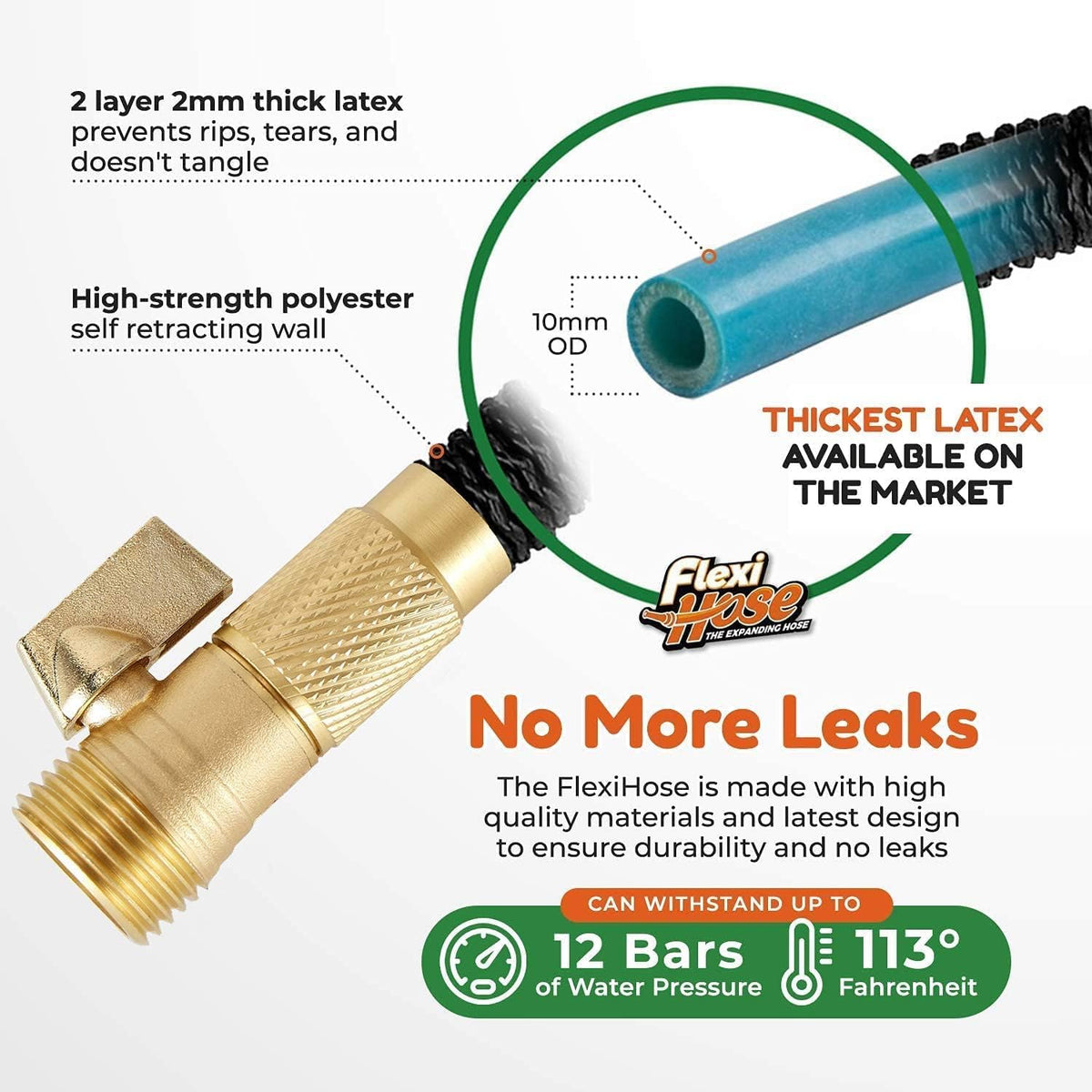 Flexi Hose Plus solid brass fittings ensure leak-free connections to standard taps.