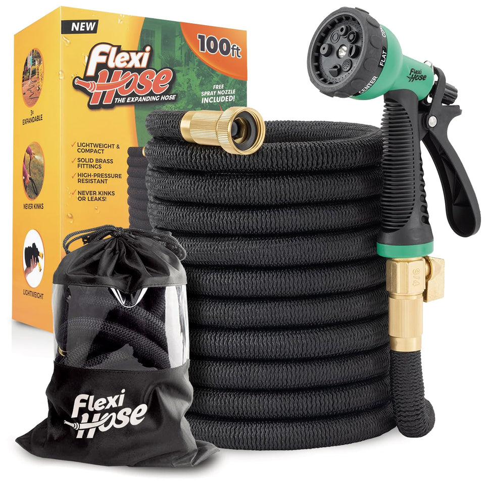 Flexi Hose Plus expands to 100 feet for easier reach with durable brass fittings.