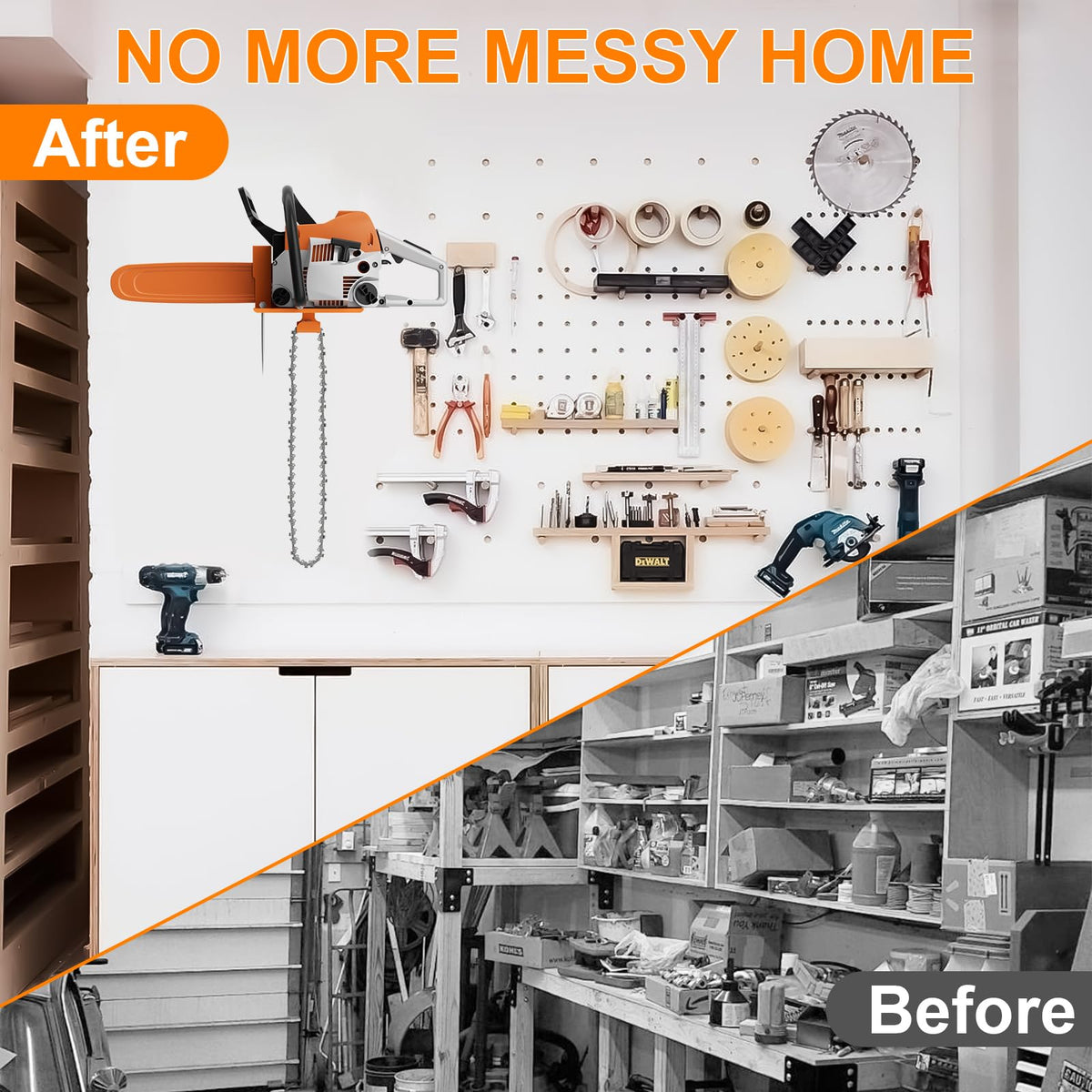 FLEXI RODS wall rack in a garage setup for safe tool storage