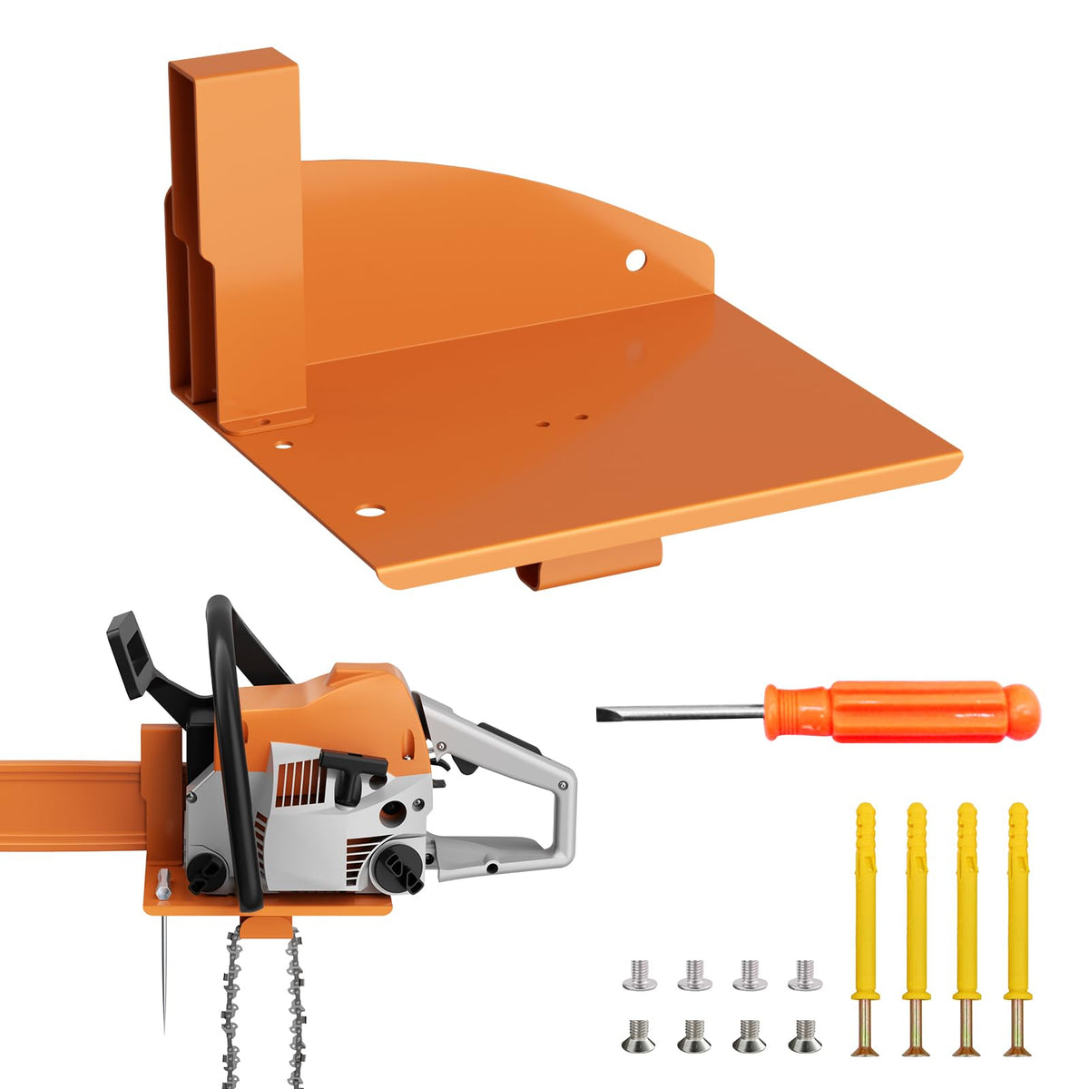 FLEXI RODS wall-mount holding a Stihl MS250 for easy access in a workshop