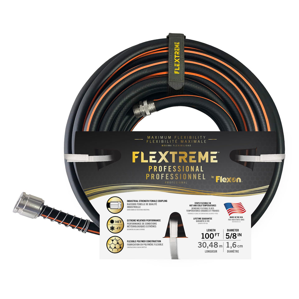 Flexon Flextreme Pro 100ft hose unfurls across a lawn for long-reaching watering.