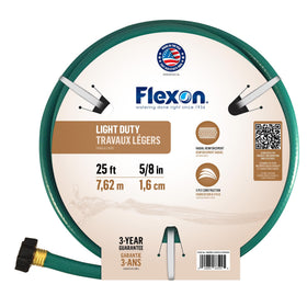 Flexon FR5825 hose coiled beside a garden for efficient watering