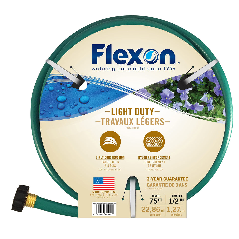 Flexon 75 ft hose lightweight design for easy garden watering.