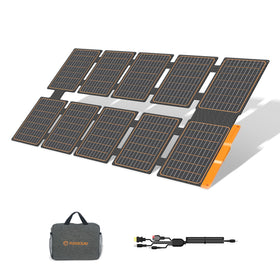 FlexSolar 100W folded panel stored in carry bag for travel.