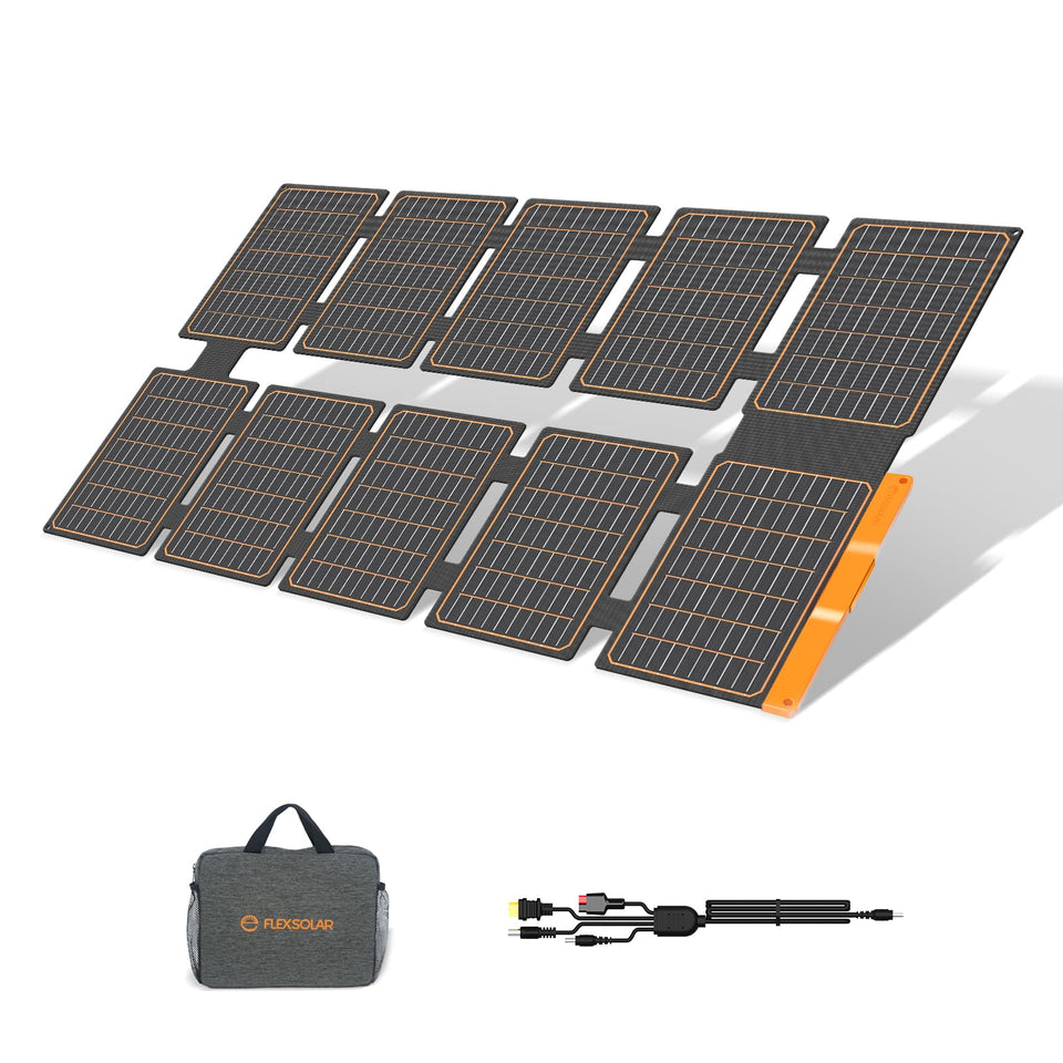 FlexSolar 100W folded panel stored in carry bag for travel.