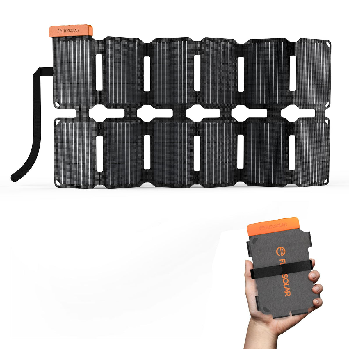 FlexSolar 36W folded panel compact for backpack charging on the go.