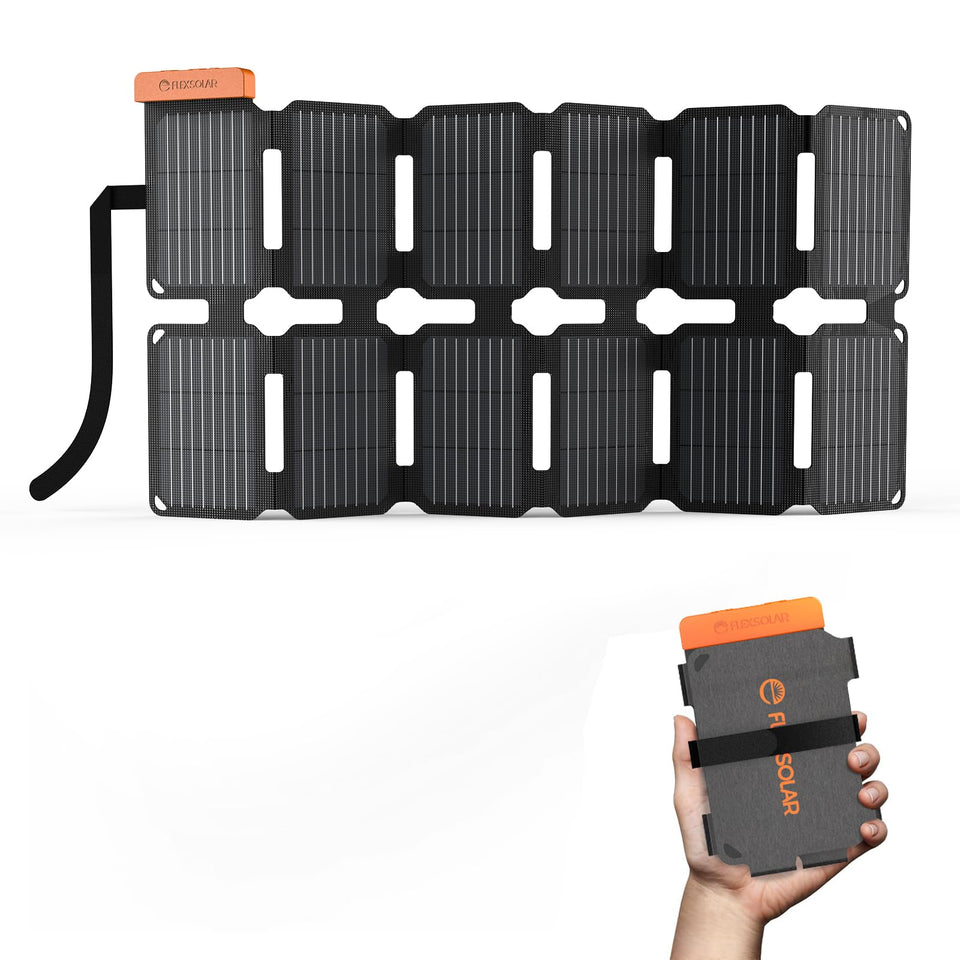 FlexSolar 36W folded panel compact for backpack charging on the go.
