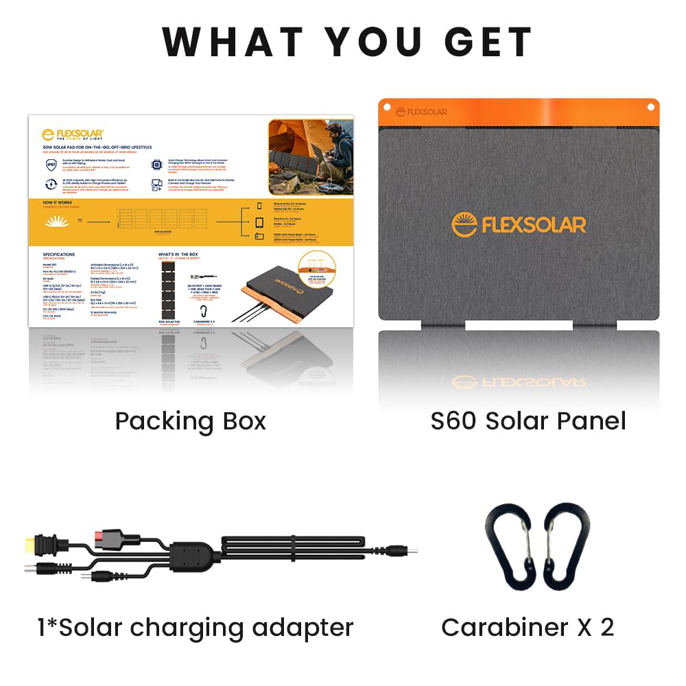 FlexSolar 60W folded with handle, easy to stash in a backpack.