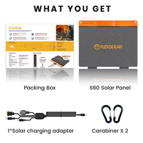FlexSolar 60W folded with handle, easy to stash in a backpack.