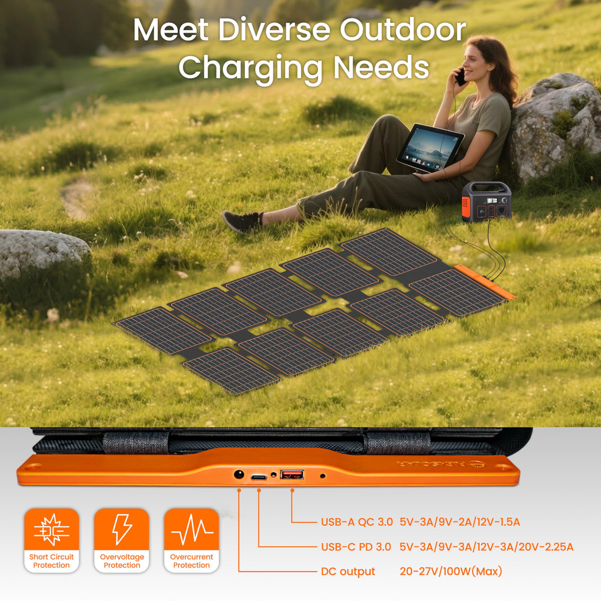 FlexSolar desert hike setup charging a power bank with solar.