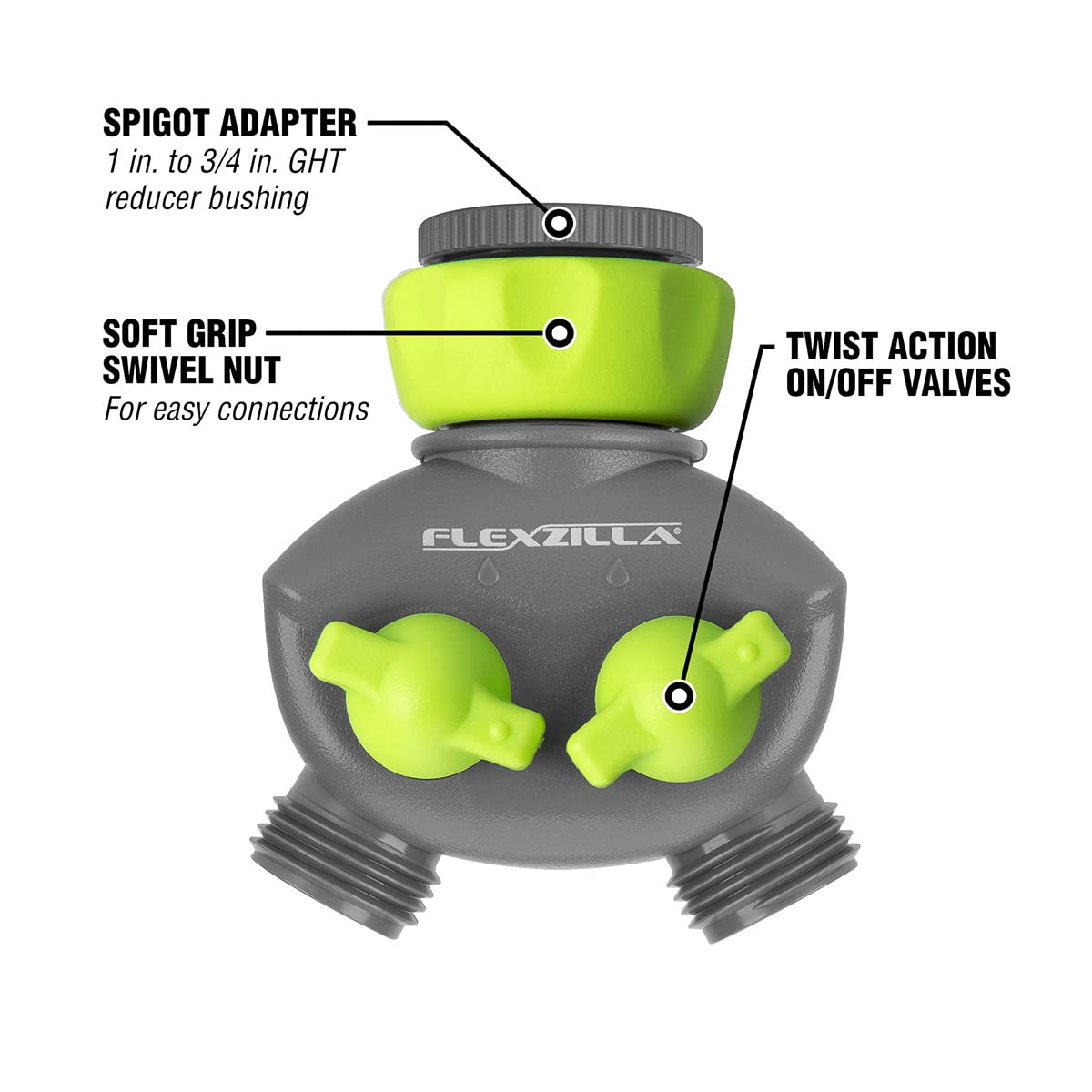 Swivel nut design on Flexzilla splitter eases hose connections.