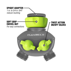 Swivel nut design on Flexzilla splitter eases hose connections.