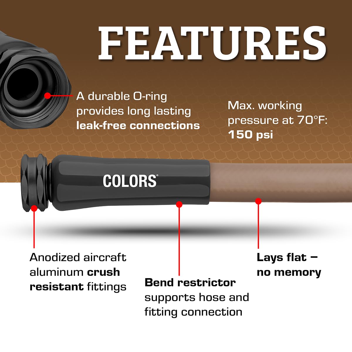 Flexzilla Colors garden hose 50 ft, abrasion-resistant outer cover for long-lasting durability.