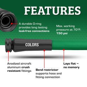 Flexzilla Colors garden hose forest green shows crush-resistant fittings for reliable connections