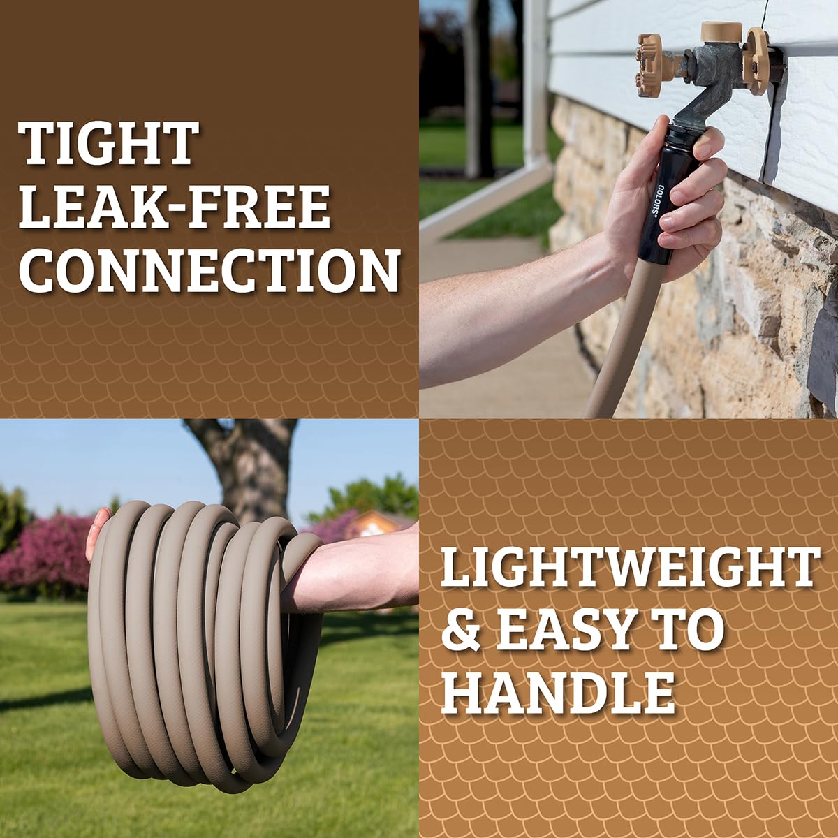 Flexzilla Colors lead-in earth-tone colors blending with garden landscape.