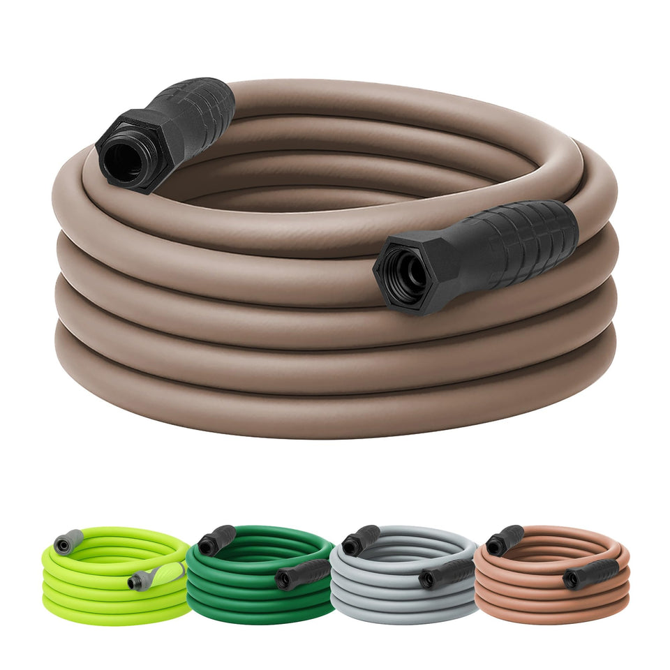Flexzilla Colors SwivelGrip garden hose in brown mulch setting, showing easy handling and color coordination.