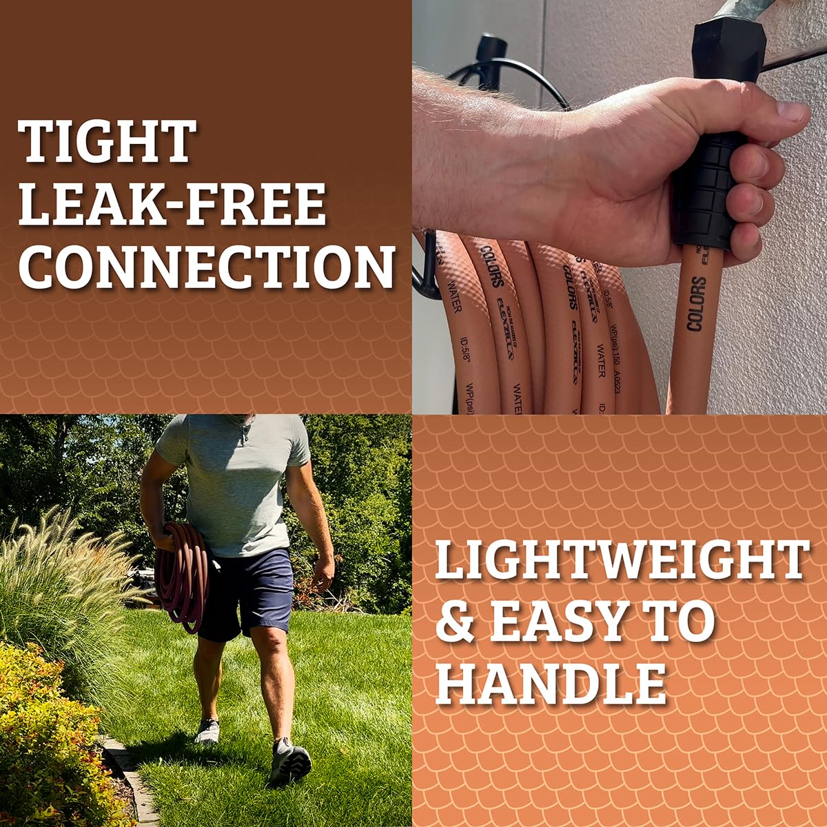 Flexzilla Colors SwivelGrip hose earth-tone color blends with garden styling.