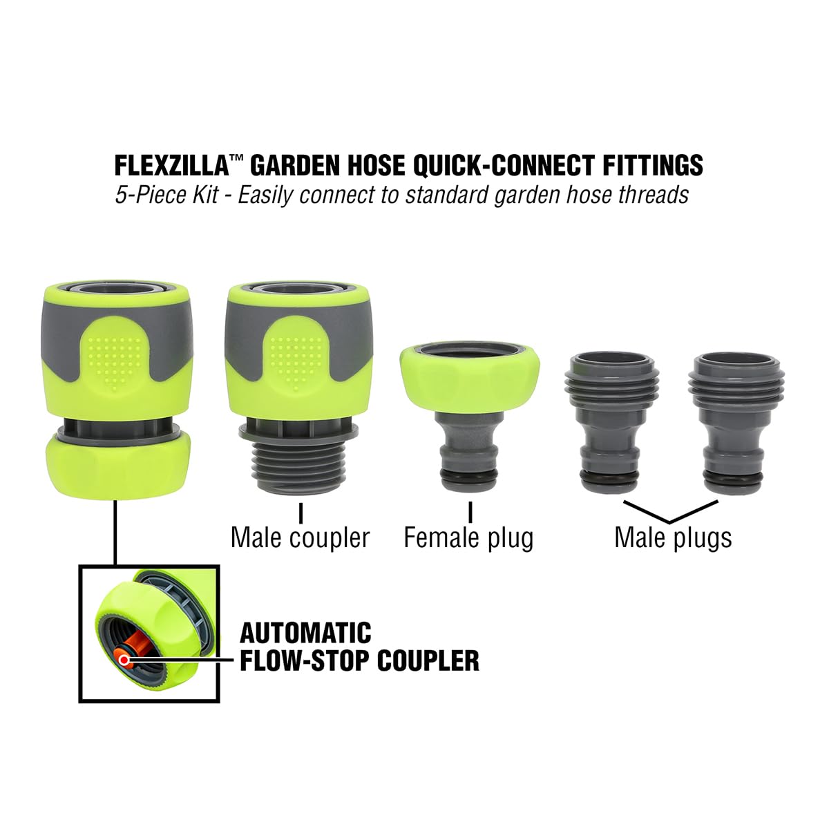 Flexzilla Flow-Stop coupler male close-up enables quick, clean connections
