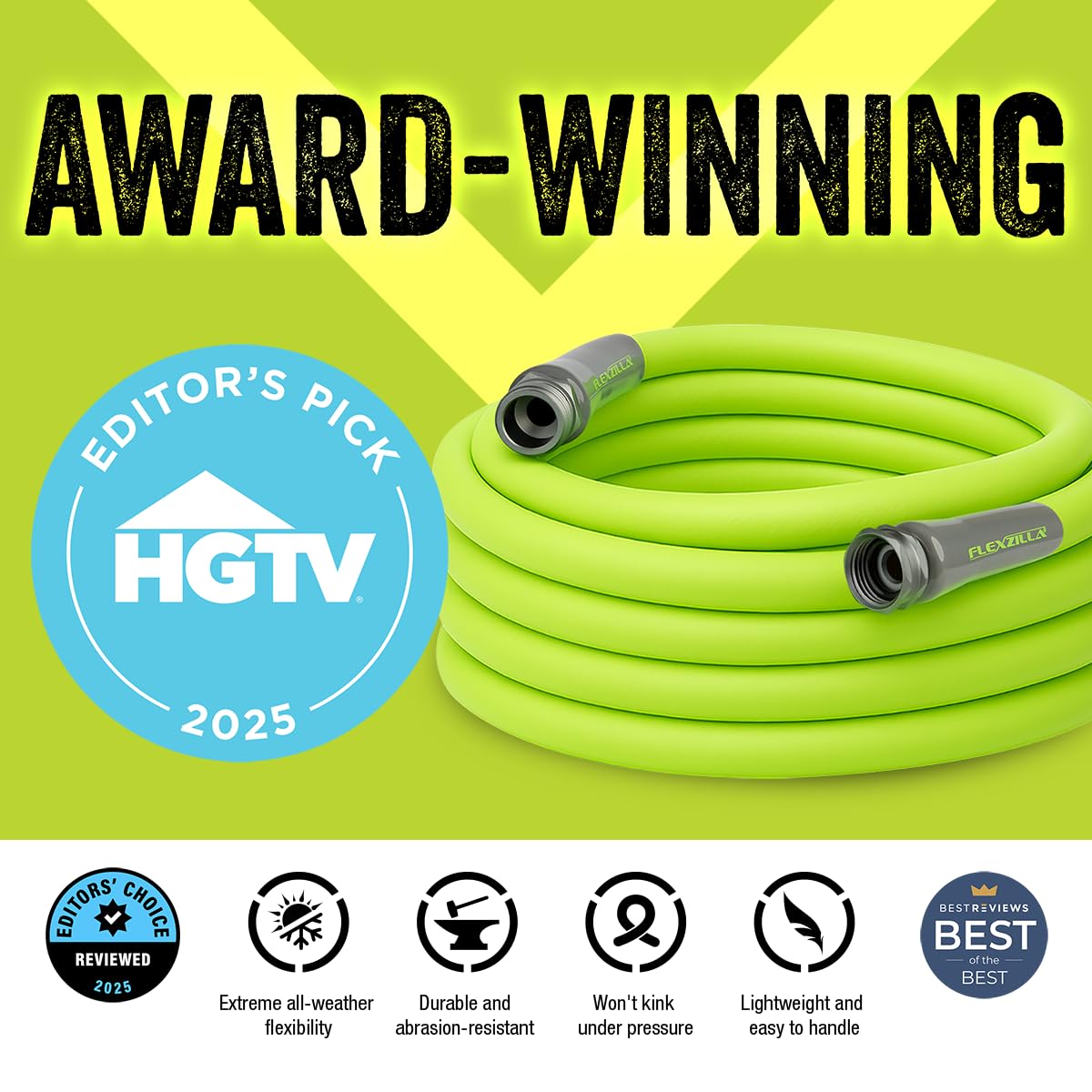 Flexzilla hose with zero memory lays flat for tangle-free storage.
