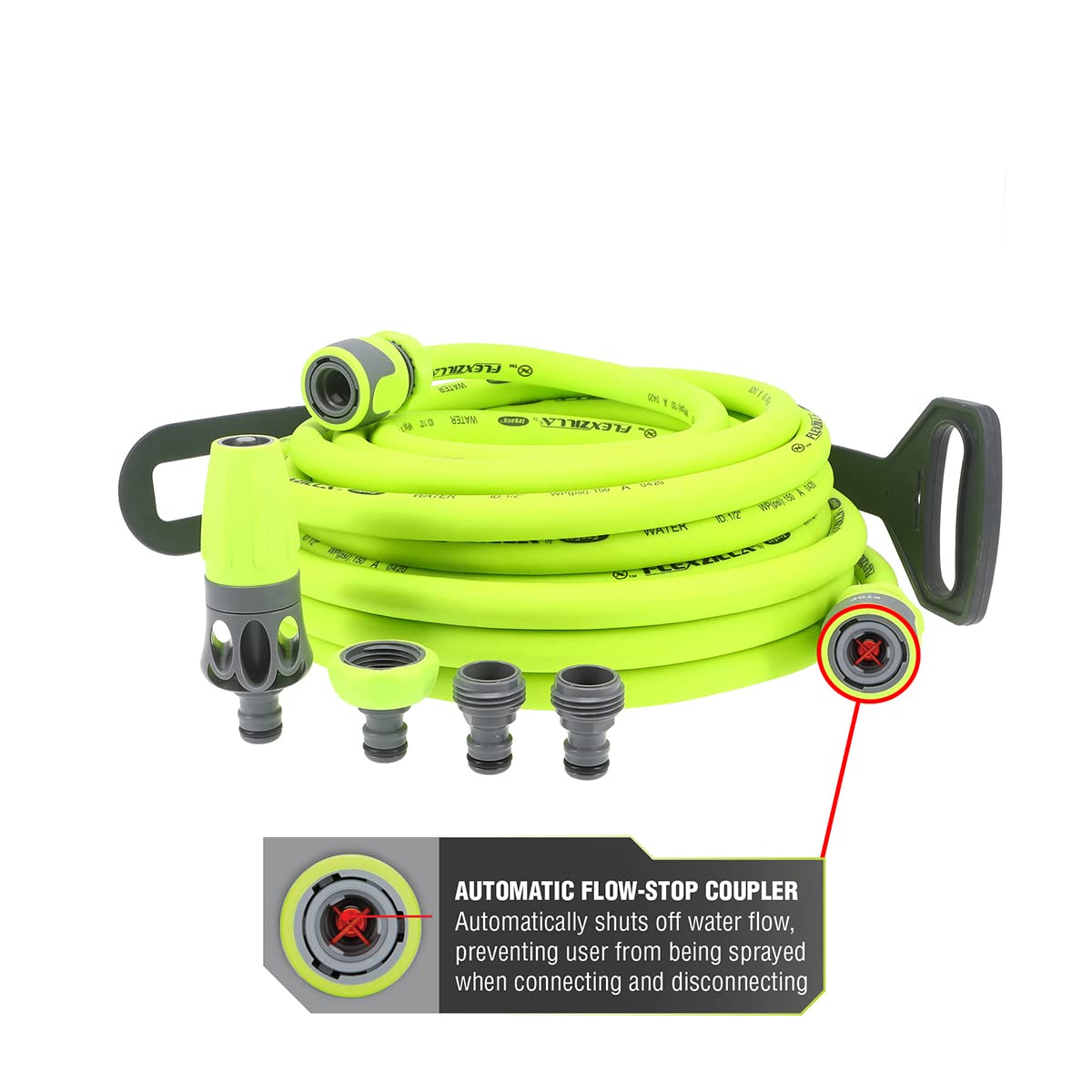 Flexzilla HFZG12050QN flow-stop coupler for controlled water shut-off.