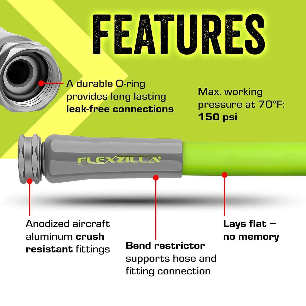 Flexzilla garden hose with crush-resistant fittings for secure connections.