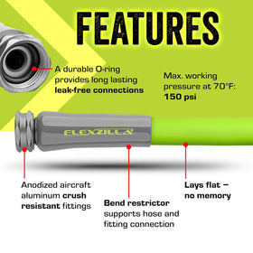 Flexzilla garden hose with crush-resistant fittings for secure connections.