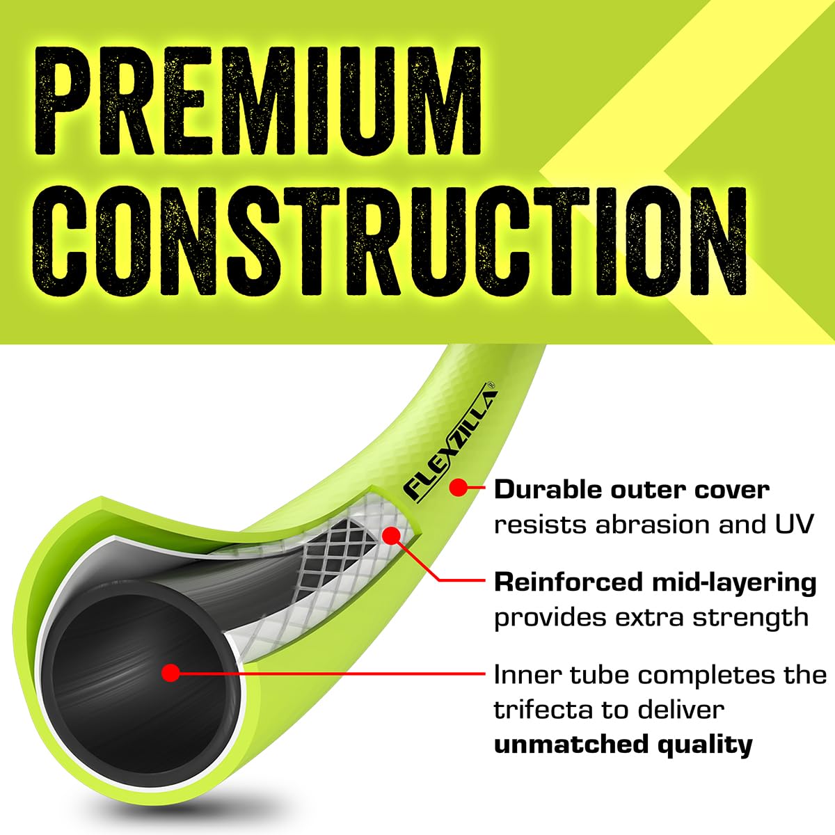 Flexzilla hose shows abrasion-resistant outer cover for durable outdoor use.